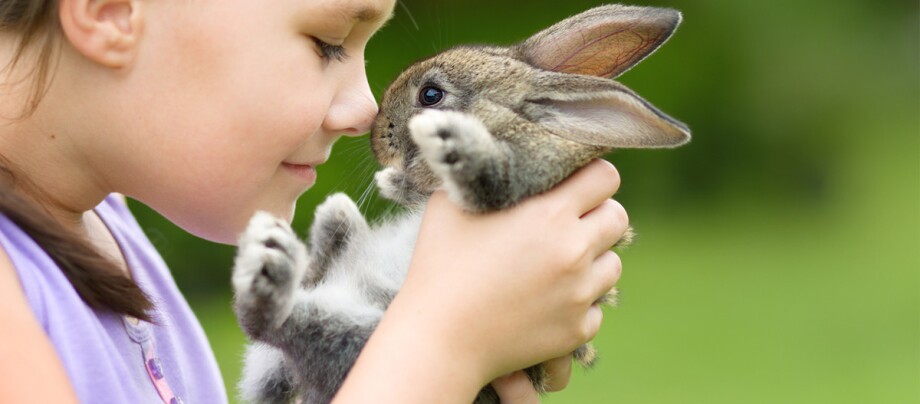 Ein Kind knuddelt sein Kaninchen.