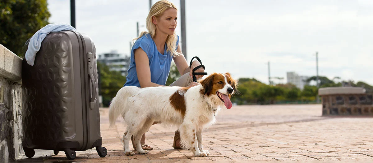 Frau mit blonden Haaren hält Hund an der Leine neben großem Koffer im Freien in urbaner Umgebung
