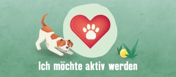 Verspielter braun-weißer Hund auf grünem Gras mit rotem Herz und Pfotenabdruck, Text