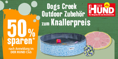 Hunde Outdoor Zubehör von Dogs Creek mit 50% Rabatt nach Anmeldung im DER HUND Club, inklusive Hundepool, Grapefruit-Spielzeug und Seilspielzeug