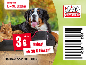 Fressnapf Rabattcoupon mit Hund und Katze im Korb, 3 Euro Rabatt ab 30 Euro Einkauf, gültig im Oktober