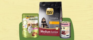 Verschiedene Junior-Hundefutterprodukte mit natürlicher Rezeptur für kleine und mittelgroße Welpen, inklusive Trockenfutter, Nassfutter und Fleischdosen.