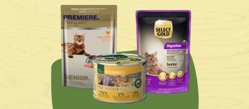 Drei verschiedene Senior-Katzenfutter-Verpackungen, darunter PREMIERE mit Geflügel, WILDERNESS Dosenfutter mit Huhn und SELECT GOLD Digestion mit Pute und Reis.