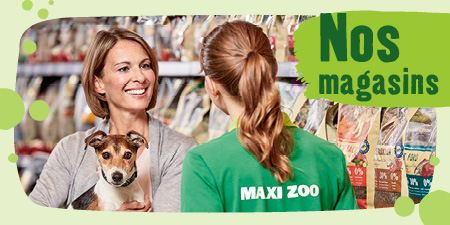 Deux femmes dans un magasin Maxi Zoo, l'une tient un petit chien, conseil amical en animalerie