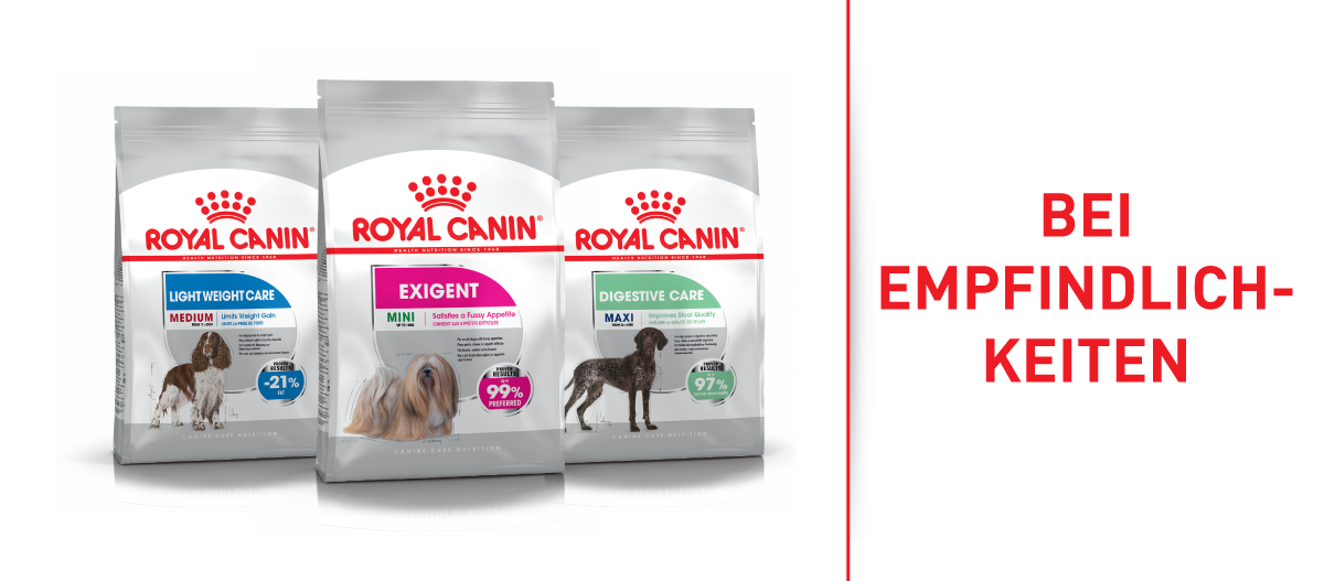 RC_Brand_Shop_FRESSNAPF-10 Drei Royal Canin Hundefutterbeutel für spezielle Bedürfnisse: Light Weight Care Medium, Exigent Mini und Digestive Care Maxi.