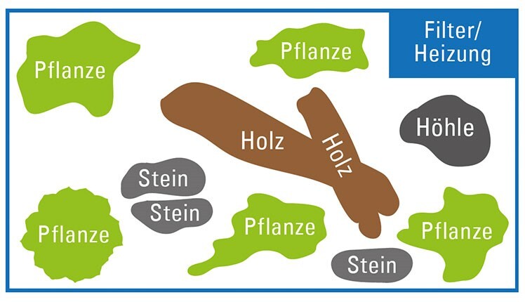 Schritt4 Schematische Darstellung eines Aquariums mit Pflanzen, Holz, Steinen, Höhle und Filter/Heizung