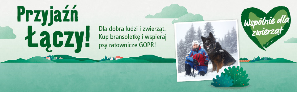Osoba w stroju ratowniczym GOPR z psem ratowniczym na śniegu, baner promujący wsparcie dla psów ratowniczych, Przyjaźń łączy