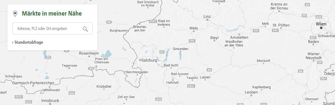 Karte von Österreich und Süddeutschland mit Städten und Autobahnen, Suchfeld für Märkte in meiner Nähe