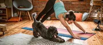 Frau macht Yoga in der Herabschauenden-Hund-Position mit ihrem schwarzen Hund in einem gemütlichen Wohnzimmer mit Holzboden und Backsteinwand.