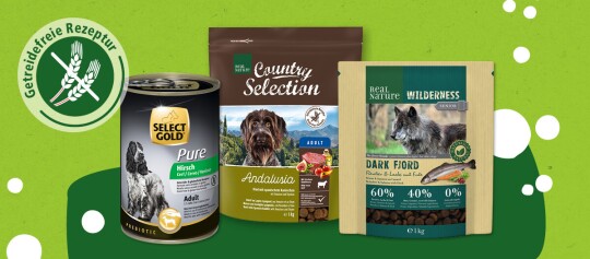 Drei verschiedene getreidefreie Hundefutterprodukte von Select Gold und Real Nature mit Hirsch, Kaninchen und Wildfleisch für erwachsene und ältere Hunde.