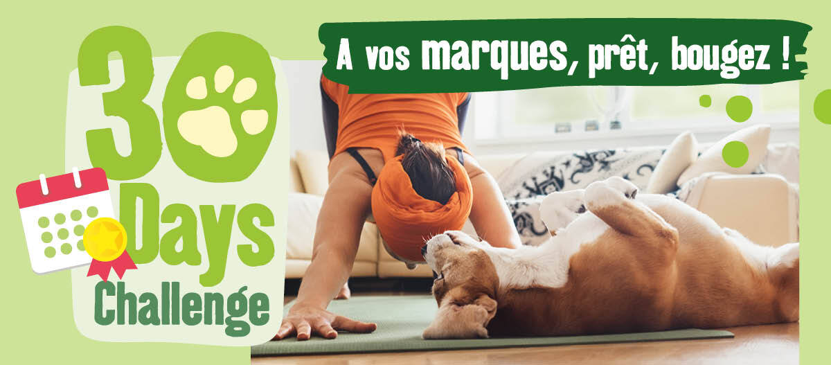 Bannière défi 30 jours avec personne faisant du yoga et chien, texte 'A vos marques, prêt, bougez!' pour encourager l'activité physique