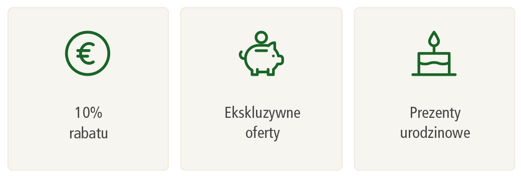 Symbole 10% rabatu, ekskluzywnych ofert i prezentów urodzinowych w zielonym kolorze na beżowym tle