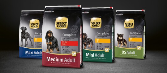 Select Gold Complete karma dla psów różnych rozmiarów: Maxi Adult, Medium Adult, Mini Adult i XS Adult o smaku kurczaka i wołowiny