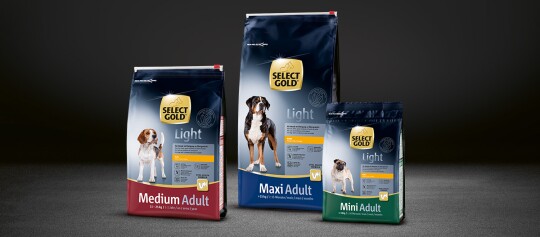 Opakowania karmy dla psów SELECT GOLD Light dla dorosłych psów Mini, Medium i Maxi, specjalnie przeznaczone do kontroli wagi i zdrowia.