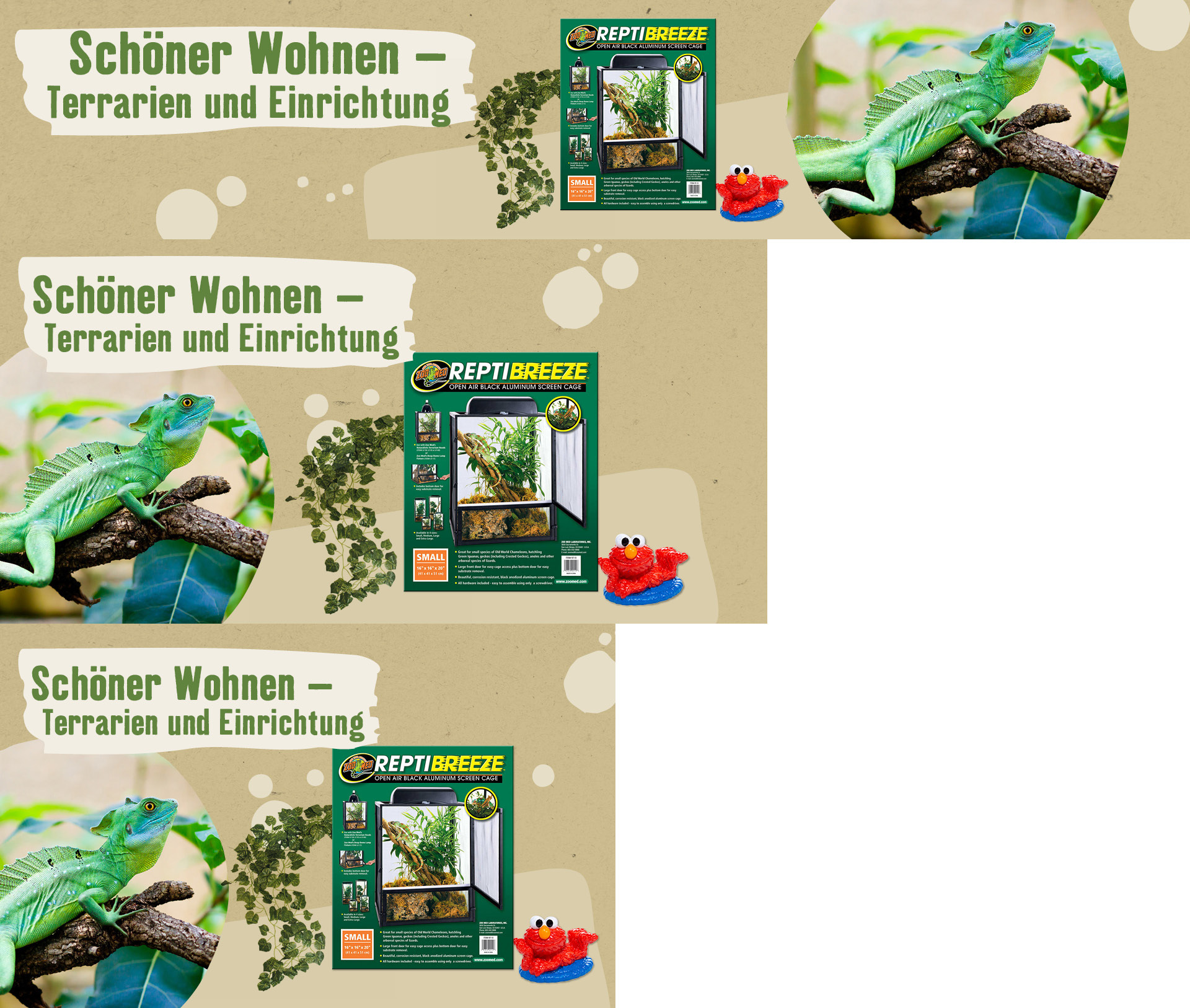 Grüner Leguan auf Ast neben Repti Breeze Terrarium und Elmo Spielzeug – Schöner Wohnen Terrarien und Einrichtung
