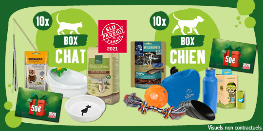 FR_KW2_Gewinnspiel30TageChallenge_VS_OS.6er_1 Box chat 10 articles avec arbre à chat, nourriture, fontaine à eau, gamelle et carte cadeau 50 euros à côté de box chien 10 articles avec nourriture, jouets, bouteille d'eau, gamelle pliable et carte cadeau 50 euros