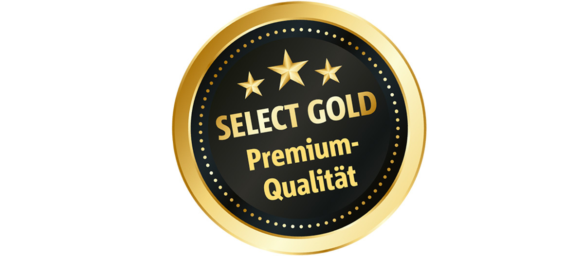 Złota odznaka Select Gold Premium z trzema złotymi gwiazdami i złotą ramką