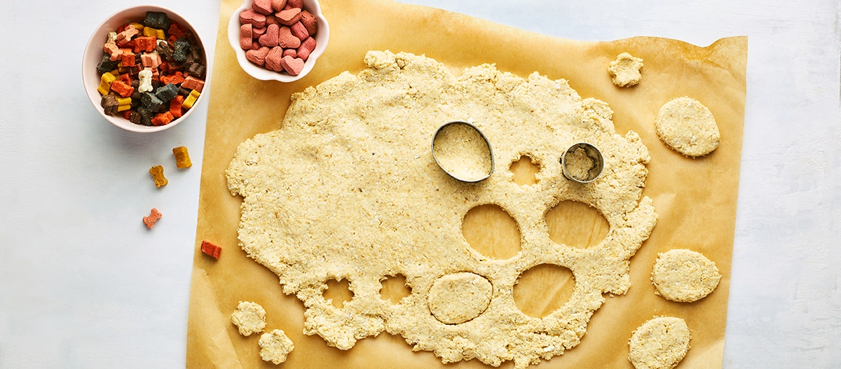 Selbstgemachte Hundekekse aus ausgerolltem Teig mit Ausstechformen und bunten Hundeleckerlis in Schalen