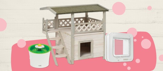 Moderner Katzenbrunnen, zweistöckiges Holz-Katzenhaus mit Dach und Treppe, weiße Katzenklappe für Haustiertüren