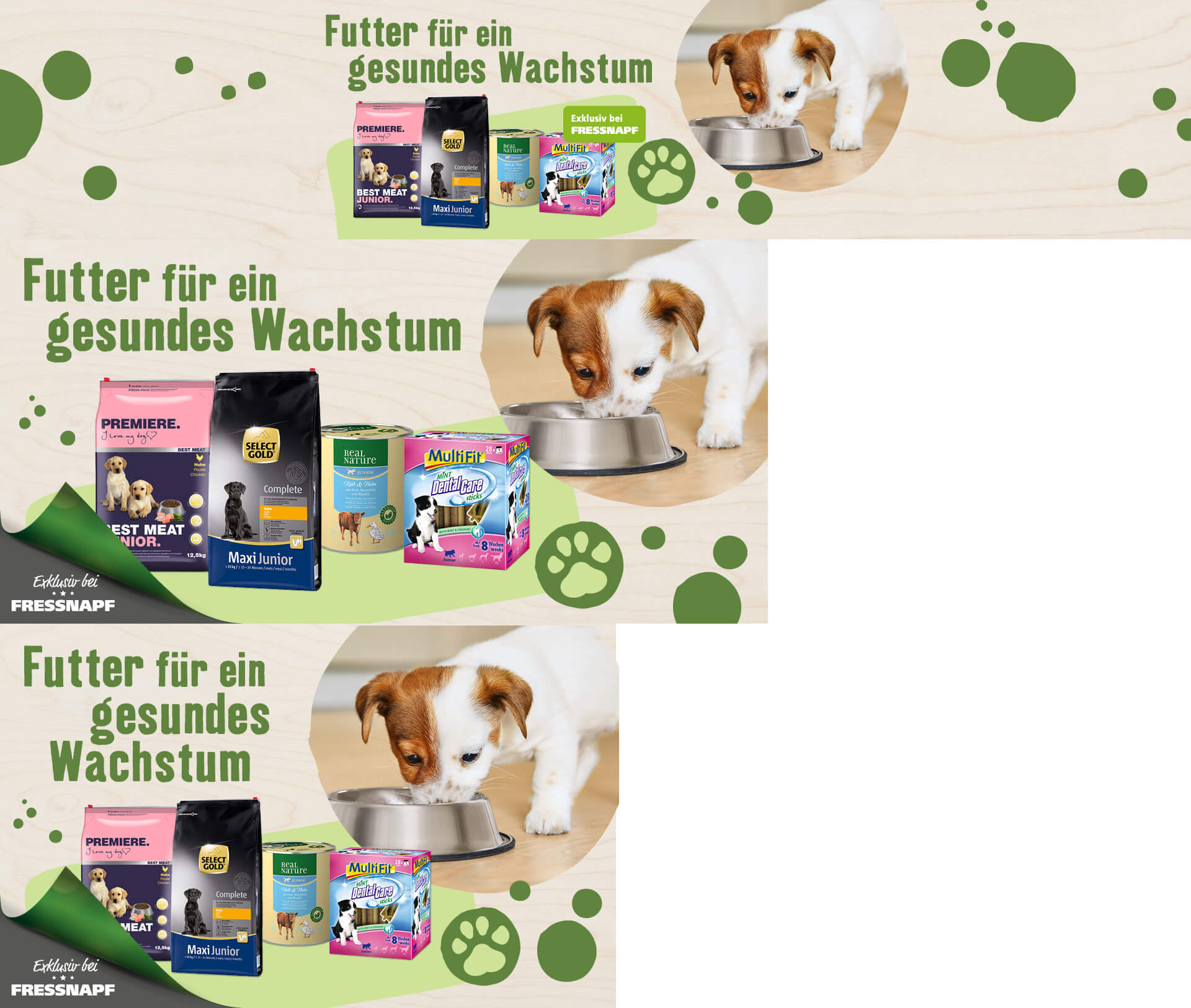 Welpe frisst aus einem Napf neben verschiedenen Hundefutterprodukten für gesundes Wachstum, exklusiv bei Fressnapf.