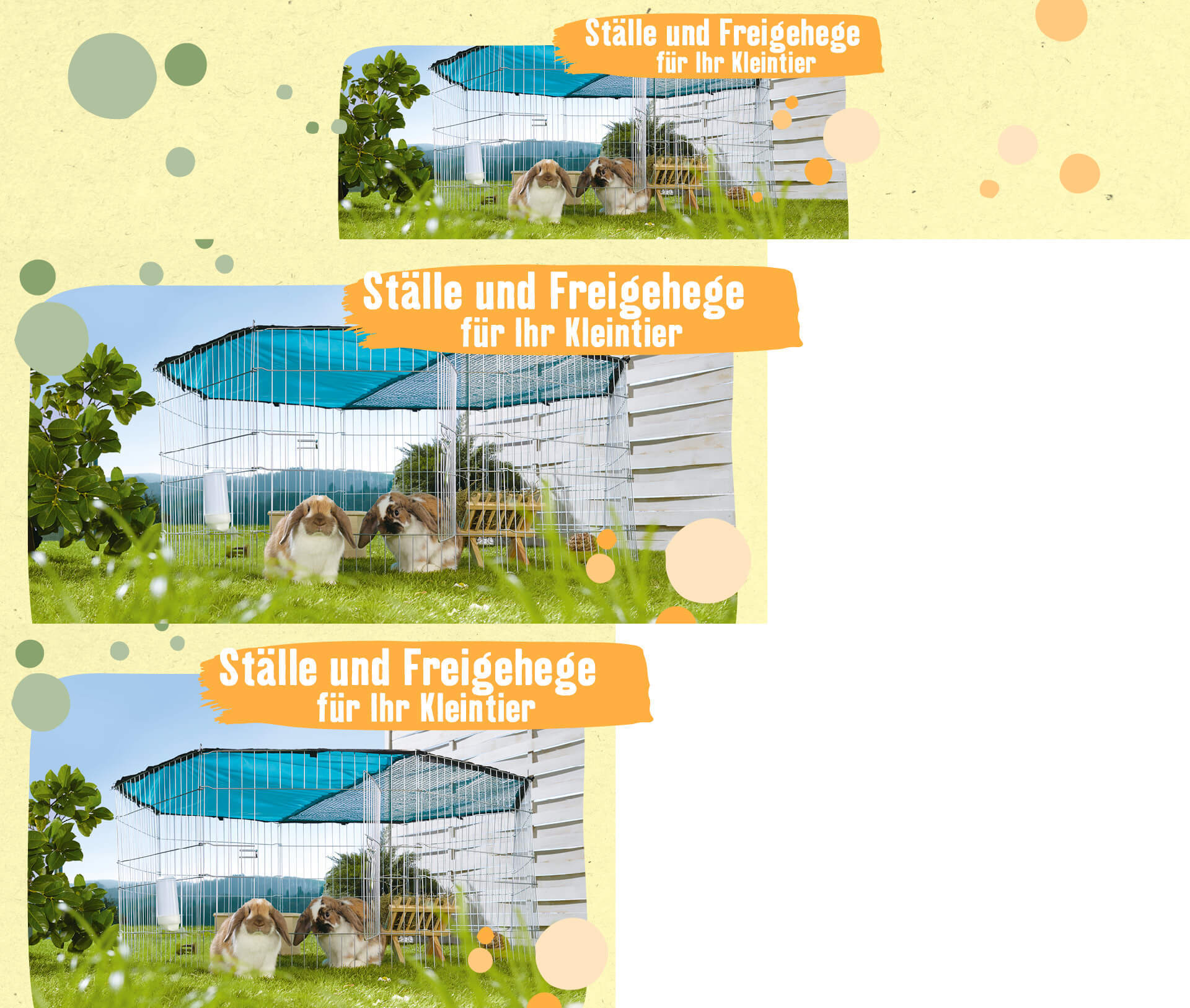 Kleintier-Freigehege mit zwei Kaninchen auf grünem Gras unter blauem Sonnendach, ideal für Ställe und Freigehege.