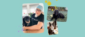 Mann mit blauer Bandana und Brille hält schwarzen Hund mit braunen Abzeichen, daneben liegt ein schwarzer Hund draußen auf Gras, und eine schwarz-weiße Katze sitzt drinnen auf einem Tisch.