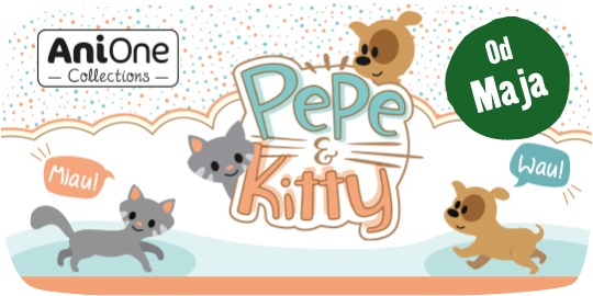 Baner AniOne Collections z uroczymi kotami i psami, PePe & Kitty, kolorowa ilustracja dla dzieci z dymkami Miau i Wau, dostępne od maja