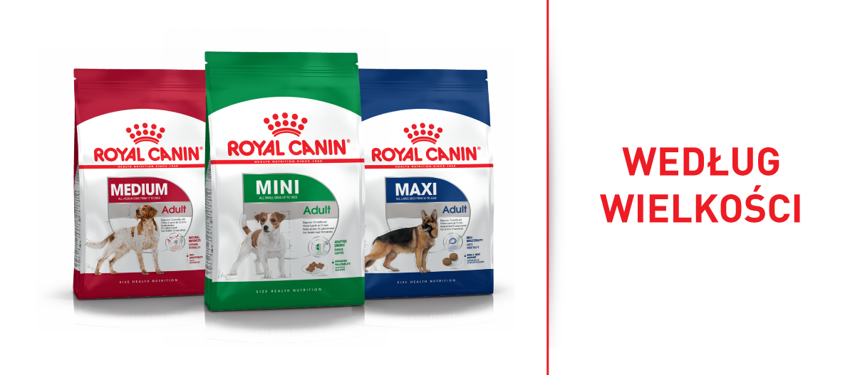 Karma dla psów Royal Canin w trzech rozmiarach dla psów mini, średnich i dużych, specjalnie dla dorosłych psów według wielkości.