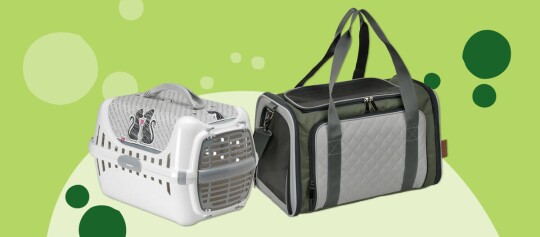 Zwei verschiedene Haustier-Tragetaschen – eine harte Kunststoffbox mit Katzenmotiven und eine weiche, gesteppte Tragetasche mit Reißverschlüssen vor grünem Hintergrund.