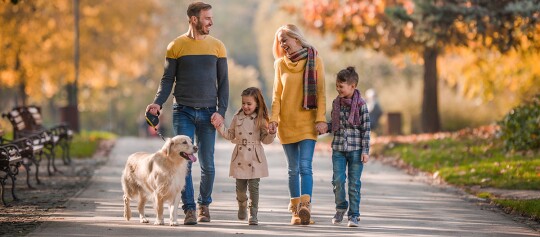 Glückliche Familie mit zwei Kindern und einem Golden Retriever beim Spaziergang im herbstlichen Park