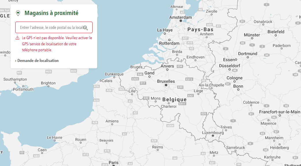 Carte de l'Europe de l'Ouest avec villes et routes, fenêtre contextuelle pour recherche de localisation avec message d'activation GPS en français