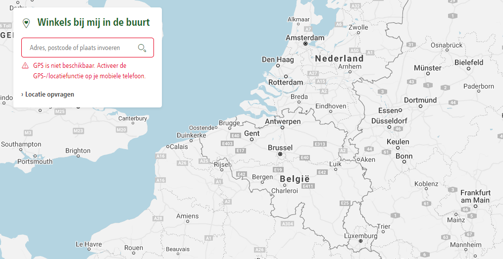 Map Belgium_NL Kaart van West-Europa met focus op Nederland, België en Luxemburg, zoekveld voor winkels in de buurt en GPS-waarschuwing.