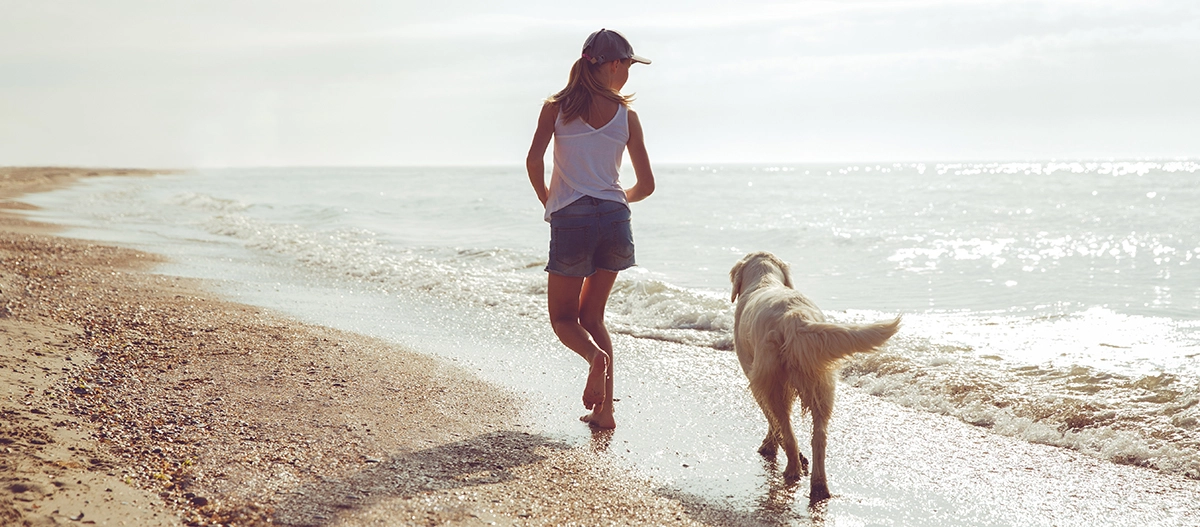 Mädchen läuft barfuß am Strand neben einem Golden Retriever bei sonnigem Wetter