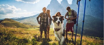 Młodzi wędrowcy z psem na górskim szlaku w malowniczym krajobrazie z górami i zieloną doliną