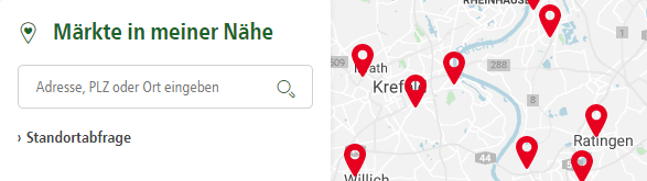 Storefinder Suchfeld für Märkte in meiner Nähe mit Karte und Standortmarkierungen in Krefeld, Willich und Ratingen