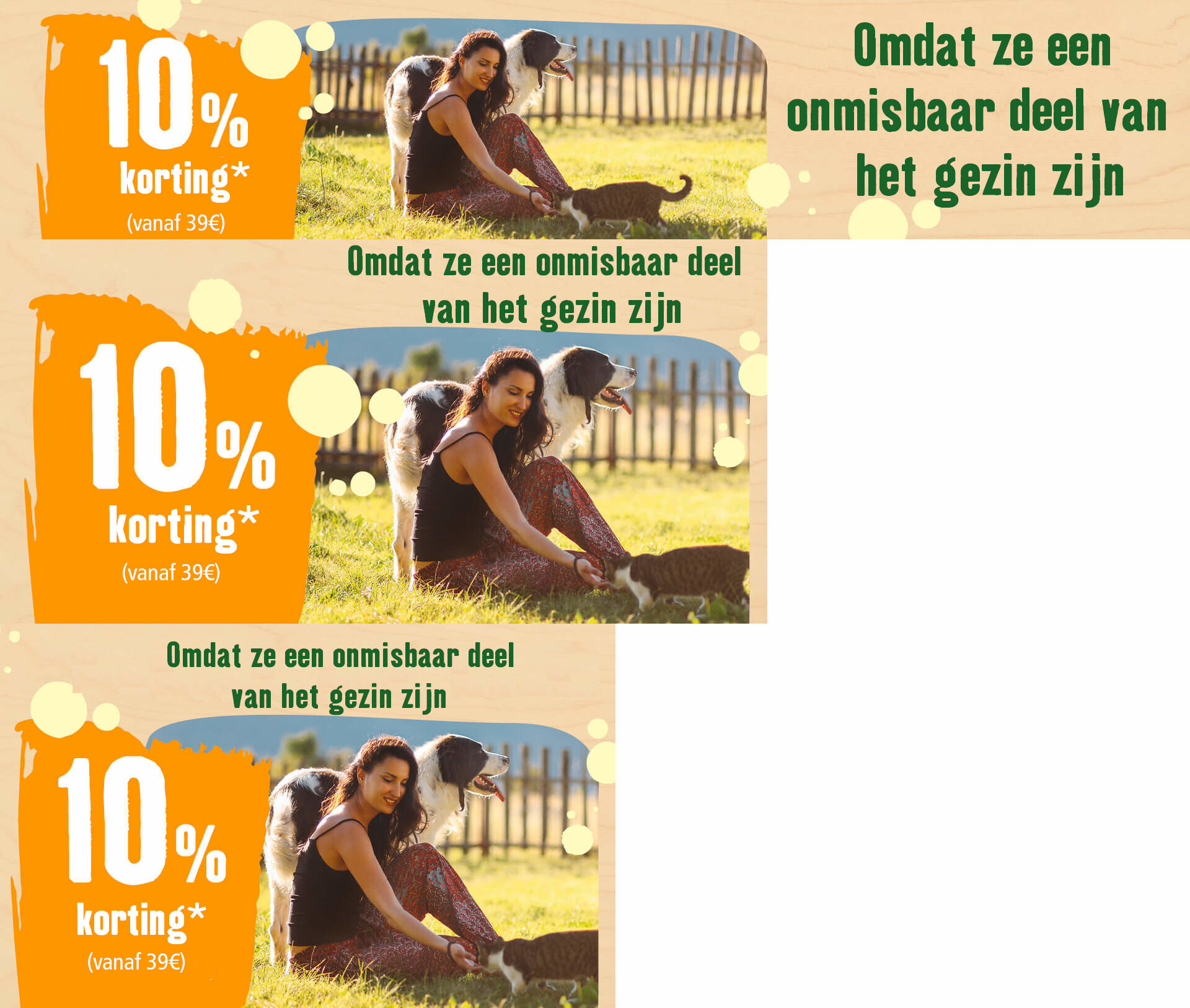 Vrouw zit in het gras en aait een kat, terwijl een hond naast haar staat, met tekst over 10% korting en het belang van huisdieren als deel van het gezin.