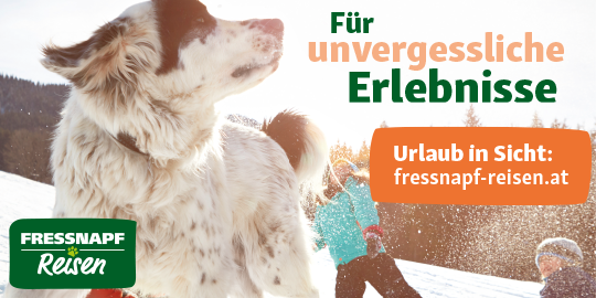 Fressnapf-Reisen_NEU-Winter Großer weiß-brauner Hund im Schnee mit spielenden Kindern im Hintergrund, Werbung für unvergessliche Urlaubserlebnisse bei Fressnapf Reisen.