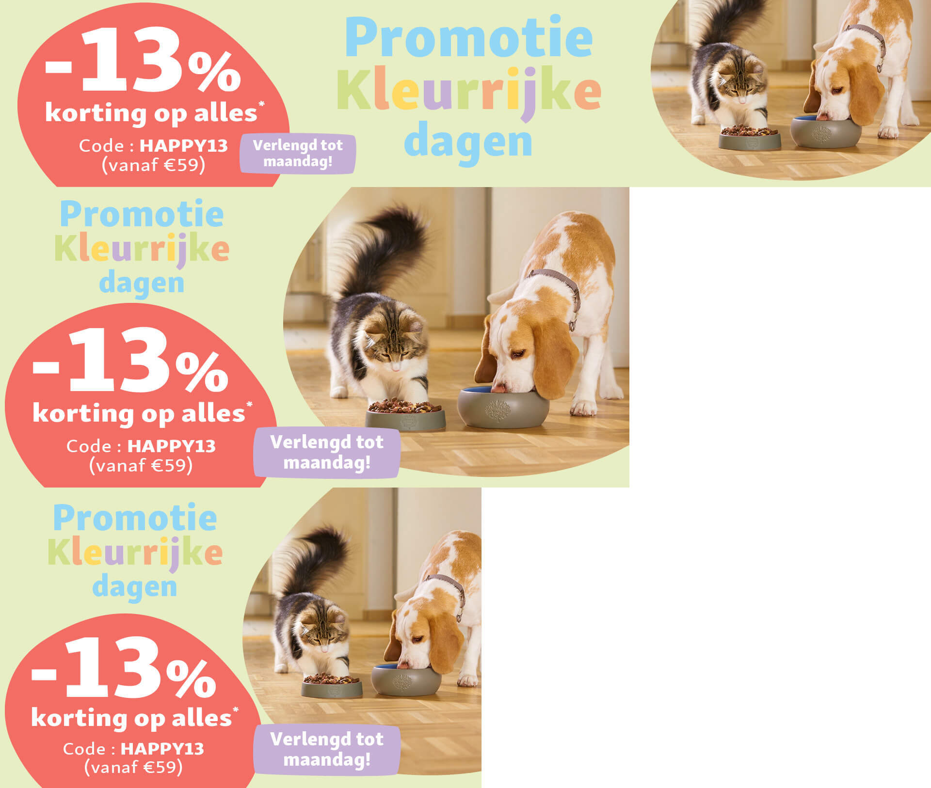 Kat en hond eten uit kommen op houten vloer, 13% korting op alles met code HAPPY13, promotie verlengd tot maandag.