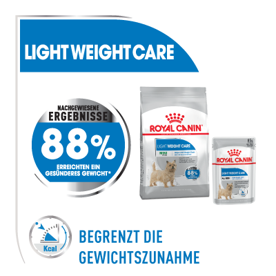 Nourriture Royal Canin Light Weight Care pour chats, 88 % des chats atteignent un poids plus sain, limite la prise de poids, emballages croquettes et pâtée.