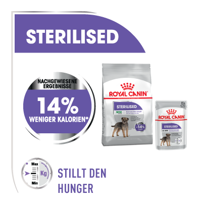 Nourriture pour chiens Royal Canin stérilisés avec 14% de calories en moins, sac et sachet, pour chiens stérilisés qui calment la faim.