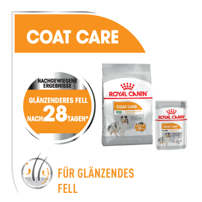 Nourriture pour chiens Royal Canin Coat Care pour un pelage brillant avec résultats prouvés après 28 jours, sac et sachet.