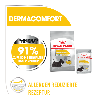 Nourriture pour chat Royal Canin Dermacomfort, 91 % de propriétaires satisfaits après 2 mois, formule à allergènes réduits, emballage en sac et sachet.