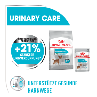 Nourriture Royal Canin Urinary Care pour animaux, avec +21% de dilution urinaire renforcée, soutien des voies urinaires saines, croquettes et pâtée.