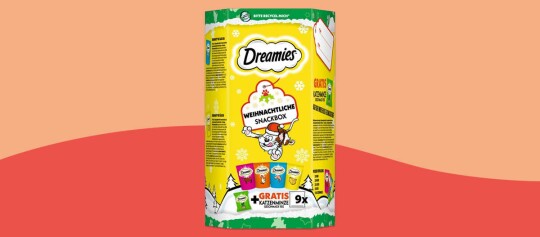Boîte de friandises Dreamies édition de Noël avec 9 sachets et herbe à chat offerte, design festif