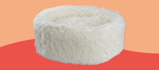 Panier pour animal rond et moelleux en fausse fourrure blanche avec rebord haut sur fond coloré