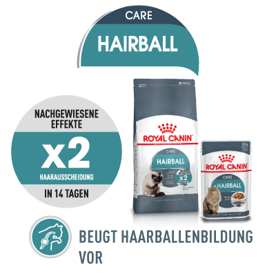Nourriture pour chats Royal Canin Hairball Care avec effet prouvé de double élimination des boules de poils en 14 jours, disponible en croquettes et pâtée.