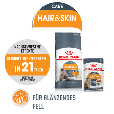Nourriture pour chats Royal Canin Hair & Skin Care pour un pelage sain et brillant, amélioration visible en 21 jours, emballages en sac et sachet.
