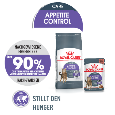 Nourriture pour chats Royal Canin Appetite Control avec plus de 90 % de réduction prouvée du miaulement après 4 semaines, emballages du produit et mention « Calme la faim ».