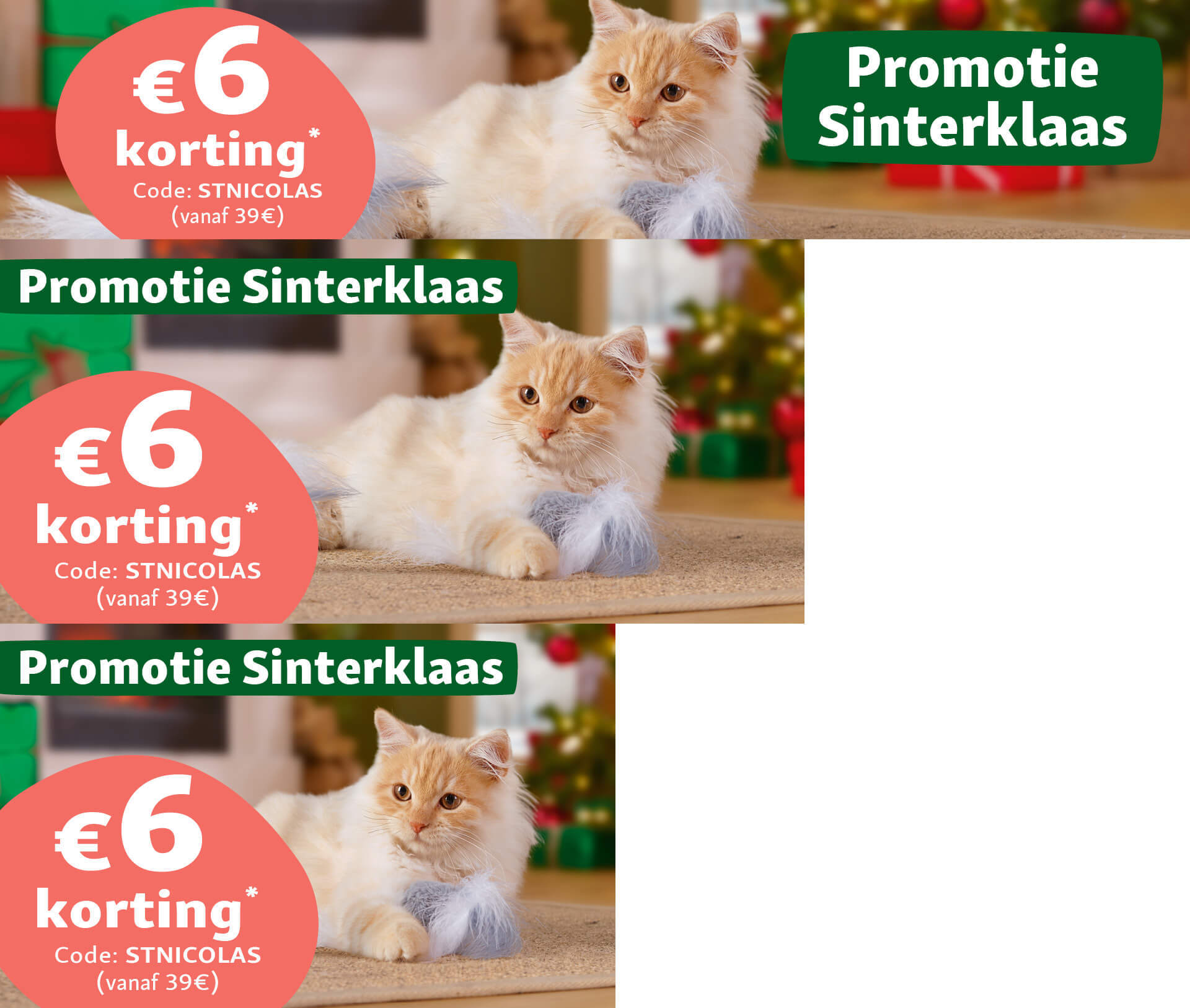 Schattige oranje kat met speelgoed voor kerstdecoratie, Sinterklaas promotie met 6 euro korting vanaf 39 euro