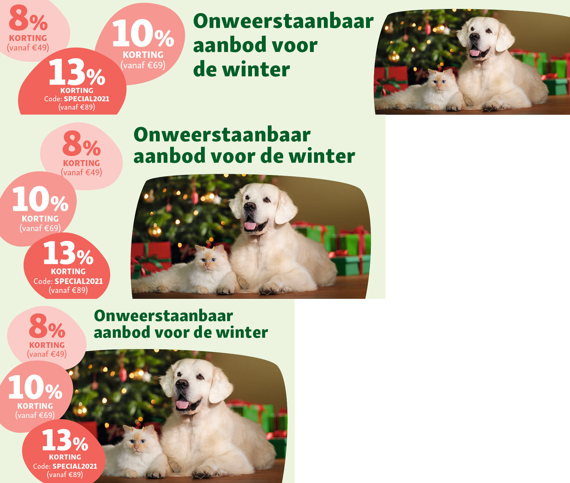 Onweerstaanbaar winteraanbod voor huisdierproducten met 8%, 10% en 13% korting, hond en kat voor kerstboom met cadeaus